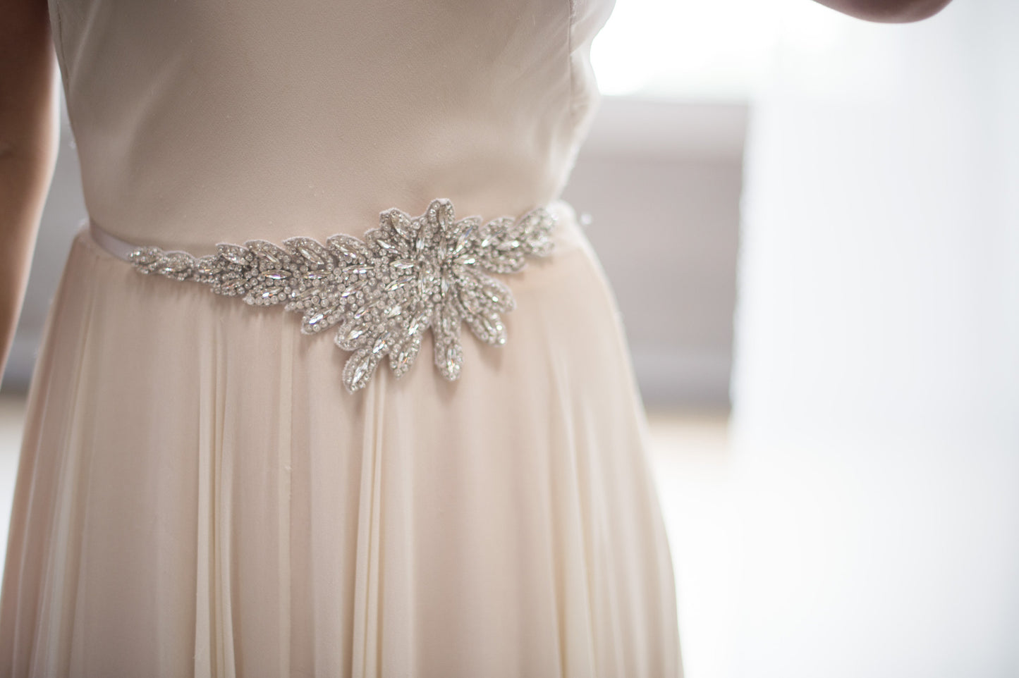 Bridal Accessories and Wedding Jewelry, Camilla Christine, Crystal Leaves Hand Beaded Silver Applique Sash, Heather Asym Sash