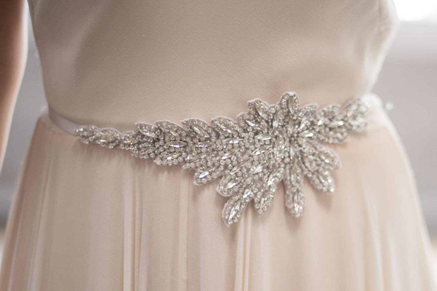 Bridal Accessories and Wedding Jewelry, Camilla Christine, Crystal Leaves Hand Beaded Silver Applique Sash, Heather Asym Sash