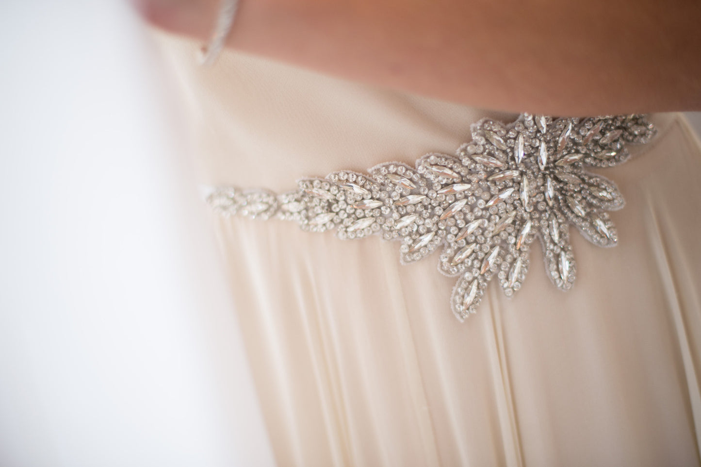 Bridal Accessories and Wedding Jewelry, Camilla Christine, Crystal Leaves Hand Beaded Silver Applique Sash, Heather Asym Sash