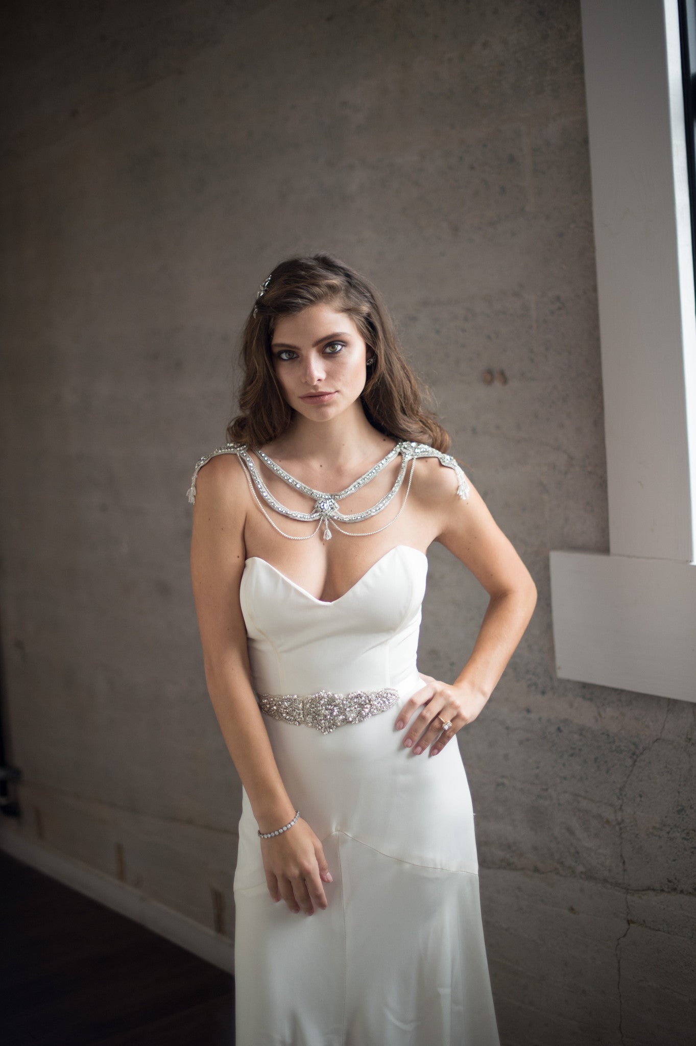 Bridal Accessories and Wedding Jewelry, Camilla Christine, Necklace, Shoulder Necklace, Mitsy, Silver, Glamorous Crystal & Chain Swag Statement Bridal Shoulder Necklace with Cutout Detail