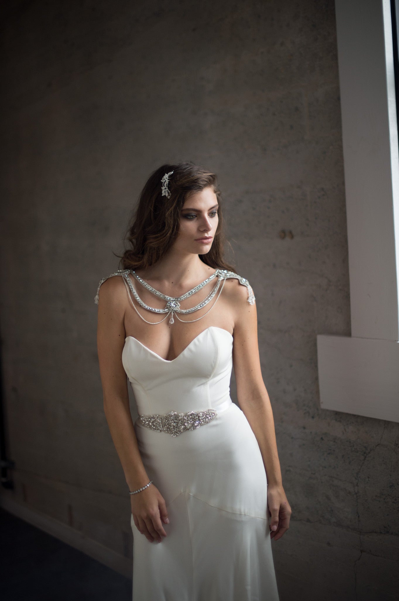 Bridal Accessories and Wedding Jewelry, Camilla Christine, Necklace, Shoulder Necklace, Mitsy, Silver, Glamorous Crystal & Chain Swag Statement Bridal Shoulder Necklace with Cutout Detail