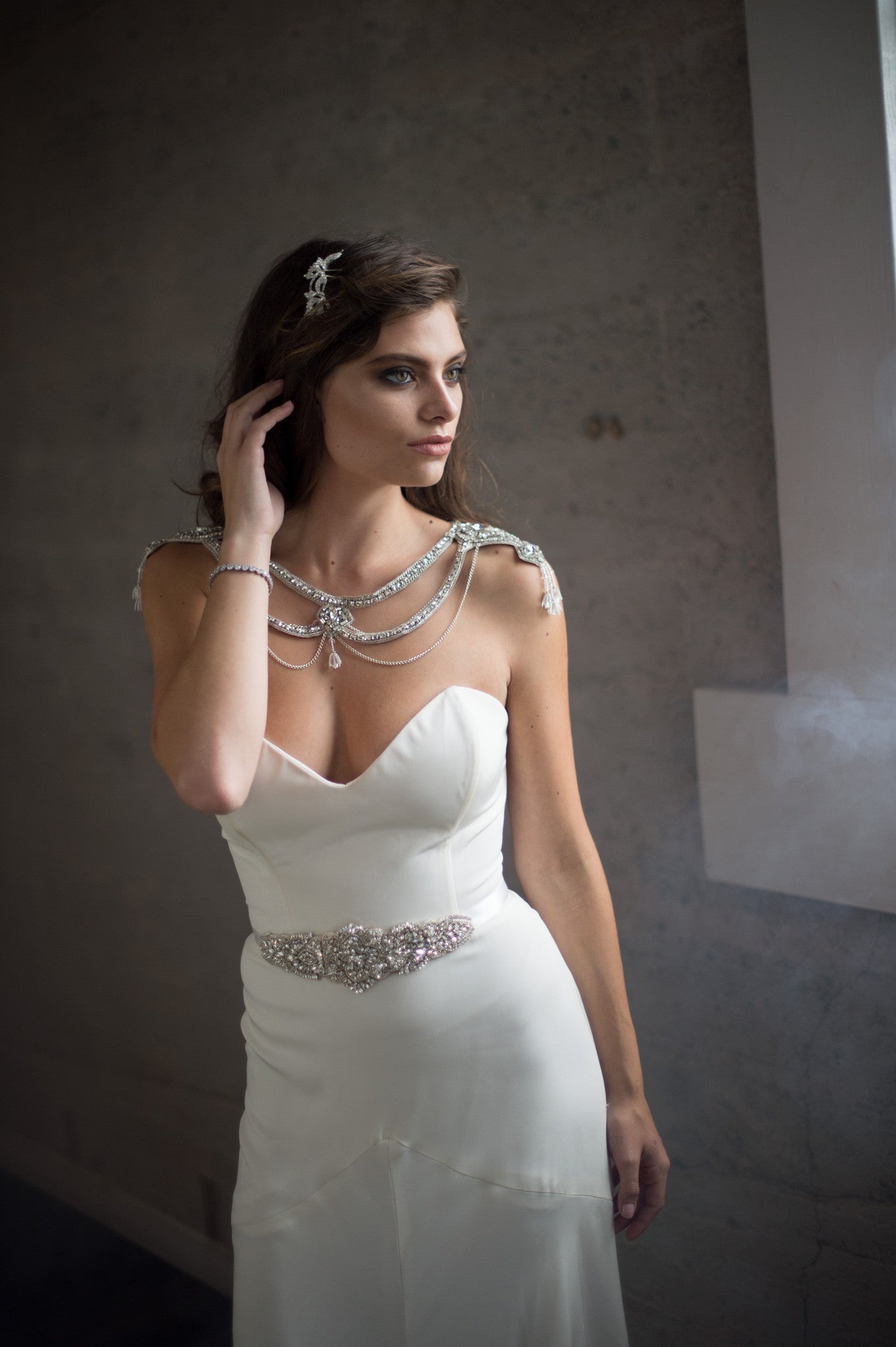 Bridal Accessories and Wedding Jewelry, Camilla Christine, Necklace, Shoulder Necklace, Mitsy, Silver, Glamorous Crystal & Chain Swag Statement Bridal Shoulder Necklace with Cutout Detail