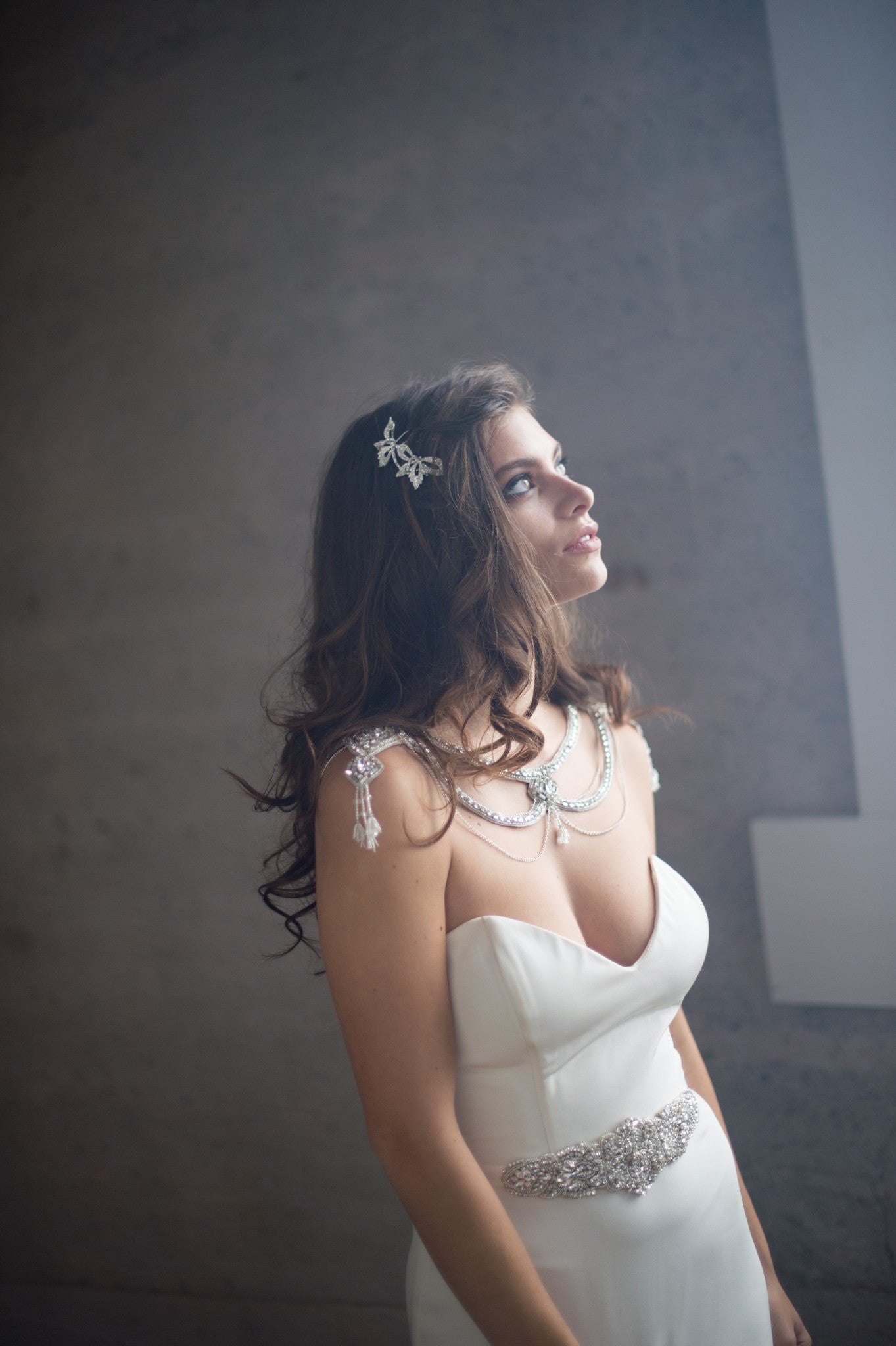 Bridal Accessories and Wedding Jewelry, Camilla Christine, Necklace, Shoulder Necklace, Mitsy, Silver, Glamorous Crystal & Chain Swag Statement Bridal Shoulder Necklace with Cutout Detail