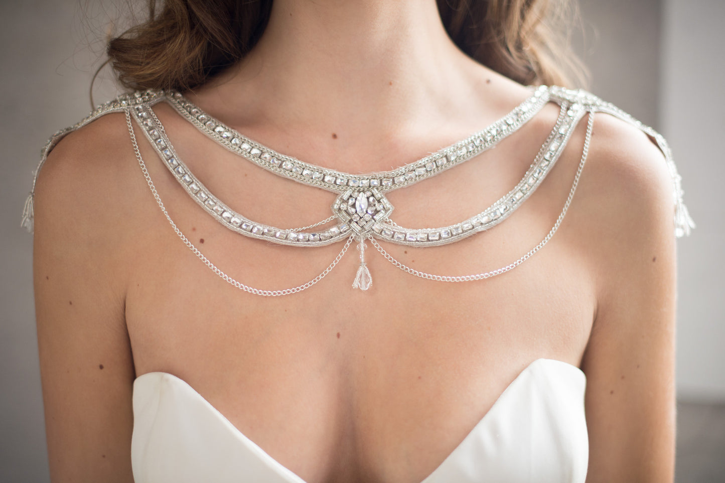 Bridal Accessories and Wedding Jewelry, Camilla Christine, Necklace, Shoulder Necklace, Mitsy, Silver, Glamorous Crystal & Chain Swag Statement Bridal Shoulder Necklace with Cutout Detail