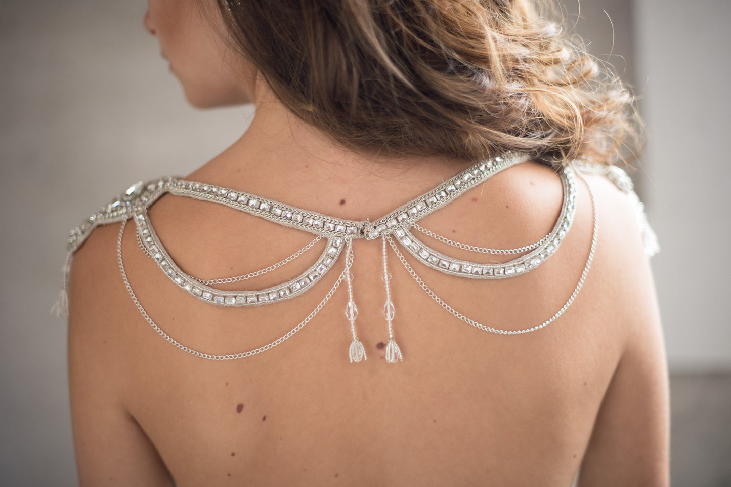 Bridal Accessories and Wedding Jewelry, Camilla Christine, Necklace, Shoulder Necklace, Mitsy, Silver, Glamorous Crystal & Chain Swag Statement Bridal Shoulder Necklace with Cutout Detail