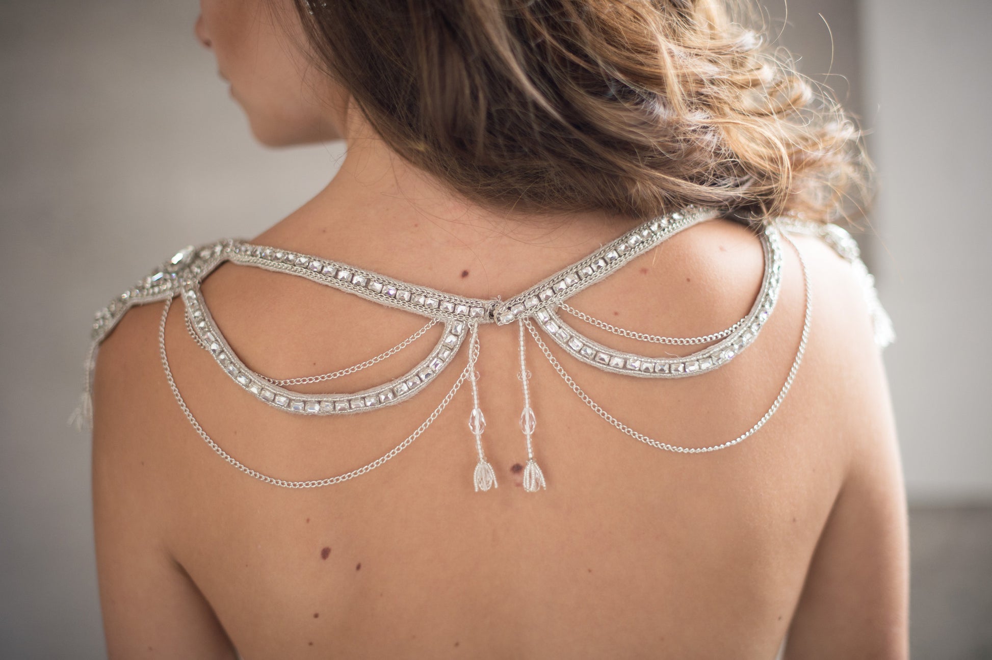 Bridal Accessories and Wedding Jewelry, Camilla Christine, Necklace, Shoulder Necklace, Mitsy, Silver, Glamorous  Crystal & Chain Swag  Statement Bridal Shoulder Necklace with Cutout Detail