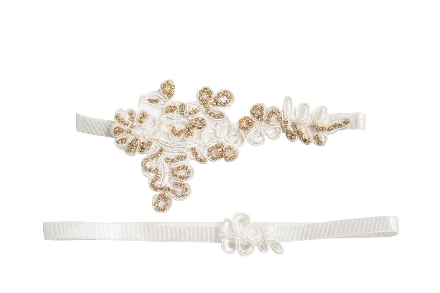 Bridal Accessories and Wedding Jewelry, Camilla Christine, Lili Garter, Gold, Ivory, Dainty Lace Applique with Organic Shaped Gold Crystal Beading Garter & Toss Set