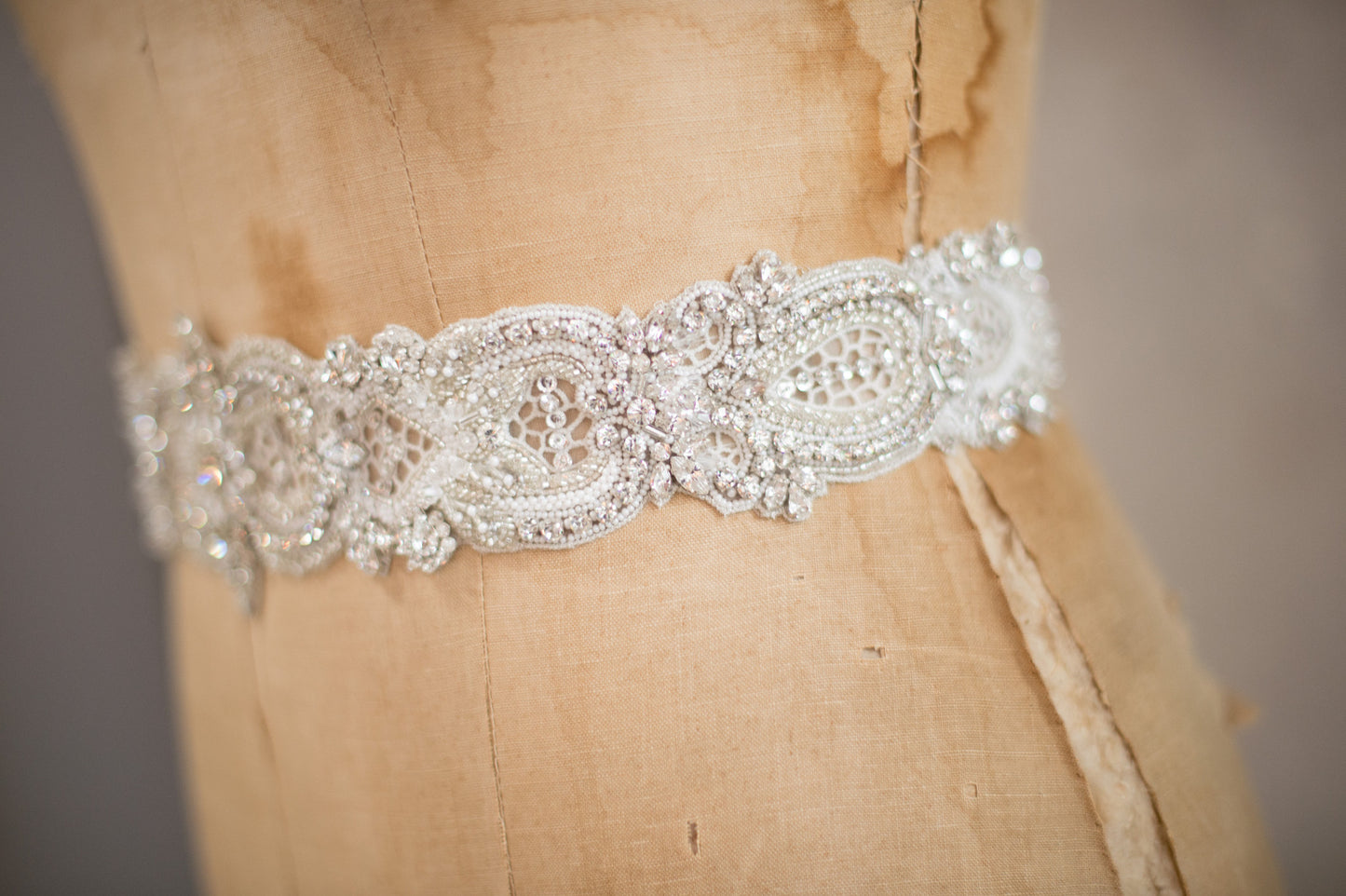 Bridal Accessories and Wedding Jewelry, Camilla Christine, Allure Sash, Applique, Silver Ivory, Crochet Cutout Detail Crystal Beaded Tapered Width Long Sash