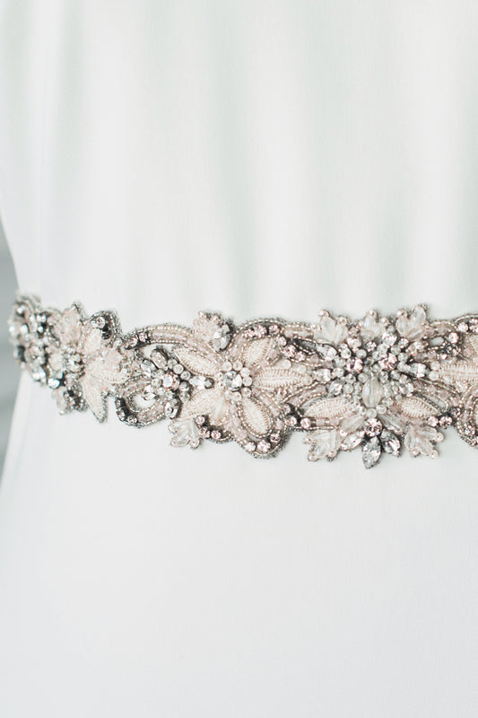 Blush Bridal Sash Floral Wedding Belt Champagne Flower Beaded Trim Vintage Crystal Applique Pink Embroidered Gunmetal Art Deco Belt, JOELLE SASH  for Her, for Bride, for Bridesmaid Gift , for Mother of the Bride, for Wedding Guest or Special Occasion by Camilla Christine Bridal Jewelry and Wedding Accessories. Bridal Style Inspiration Trends for Bride, Wedding Ideas