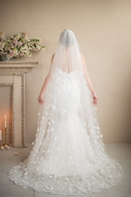 Petal Veil Wedding Cathedral Veil Floral Beaded 3D Flower Hand Made Rose Embellished Custom Length Boho Bridal Pearl Blossom Blusher, PETAL by Camilla Christine Bridal Accessories and Wedding Jewelry