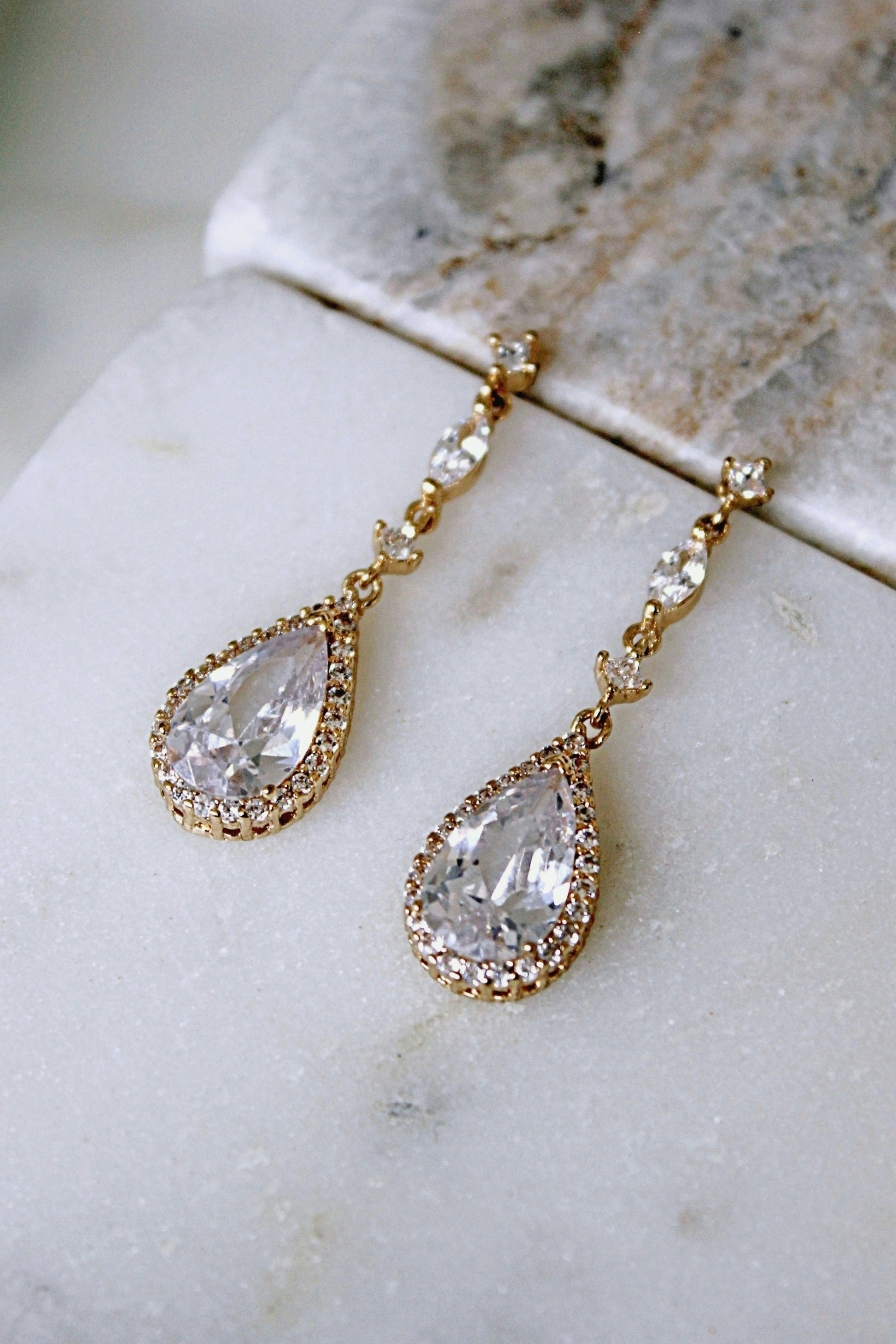 Gold Earrings Long Dangle Crystal Earrings Tear Drop Art Deco Chandelier Earrings Cubic Zirconia Elegant Bridal Earrings Bridesmaid, BIJOU EARRINGS for Her, for Bride, for Bridesmaid, for Mother of the Bride or for Guest by Camilla Christine Bridal Jewelry and Wedding Accessories and Special Occasion