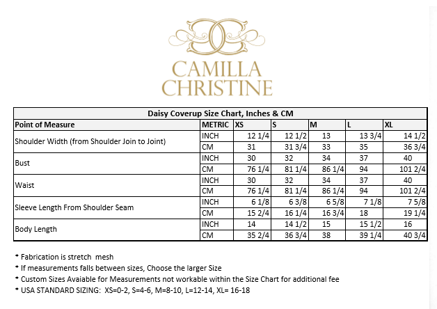Size Chart for Camilla Christine Bridal Daisy Coverup/ Top