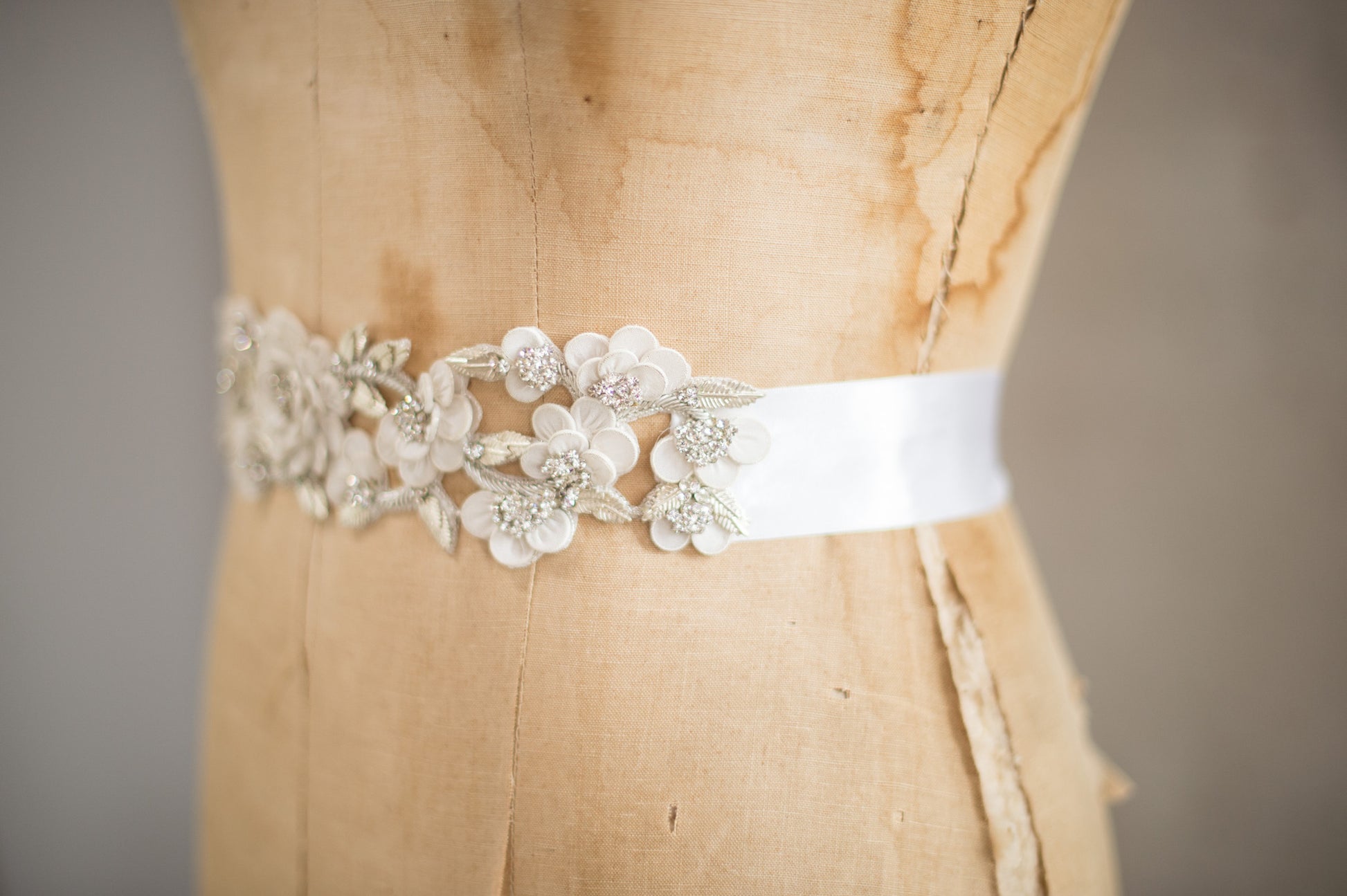 Bridal Accessories and Wedding Jewelry, Camilla Christine, Sash, Applique, Cora, Silver Ivory, Romantic Boho Style Floral, Leaf & Vine Cut-out Bridal Sash