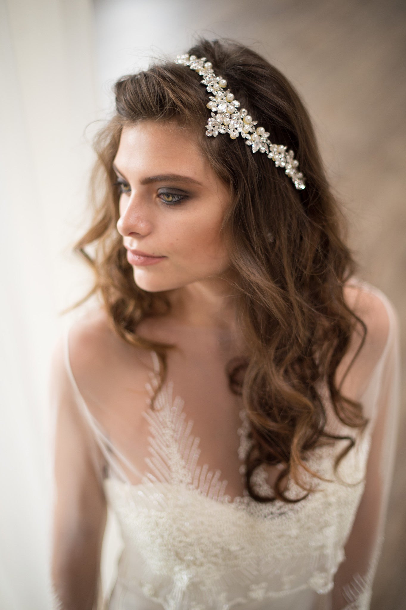 Bridal Accessories and Wedding Jewelry, Camilla Christine, Headpiece, Hair Accessory, Halo, Crown, Nixon Headpiece, Silver Ivory, Vintage Inspired Wing Shaped Pearl and Crystal Ornate Bridal Headpiece
