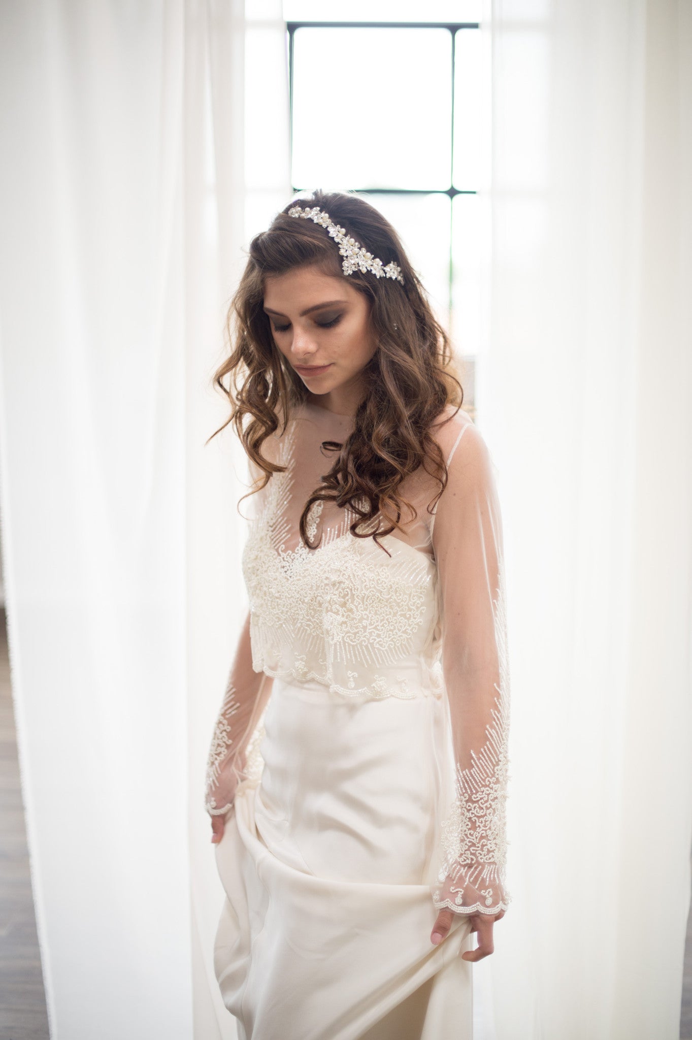 Bridal Accessories and Wedding Jewelry, Camilla Christine, Headpiece, Hair Accessory, Halo, Crown, Nixon Headpiece, Silver Ivory, Vintage Inspired Wing Shaped Pearl and Crystal Ornate Bridal Headpiece