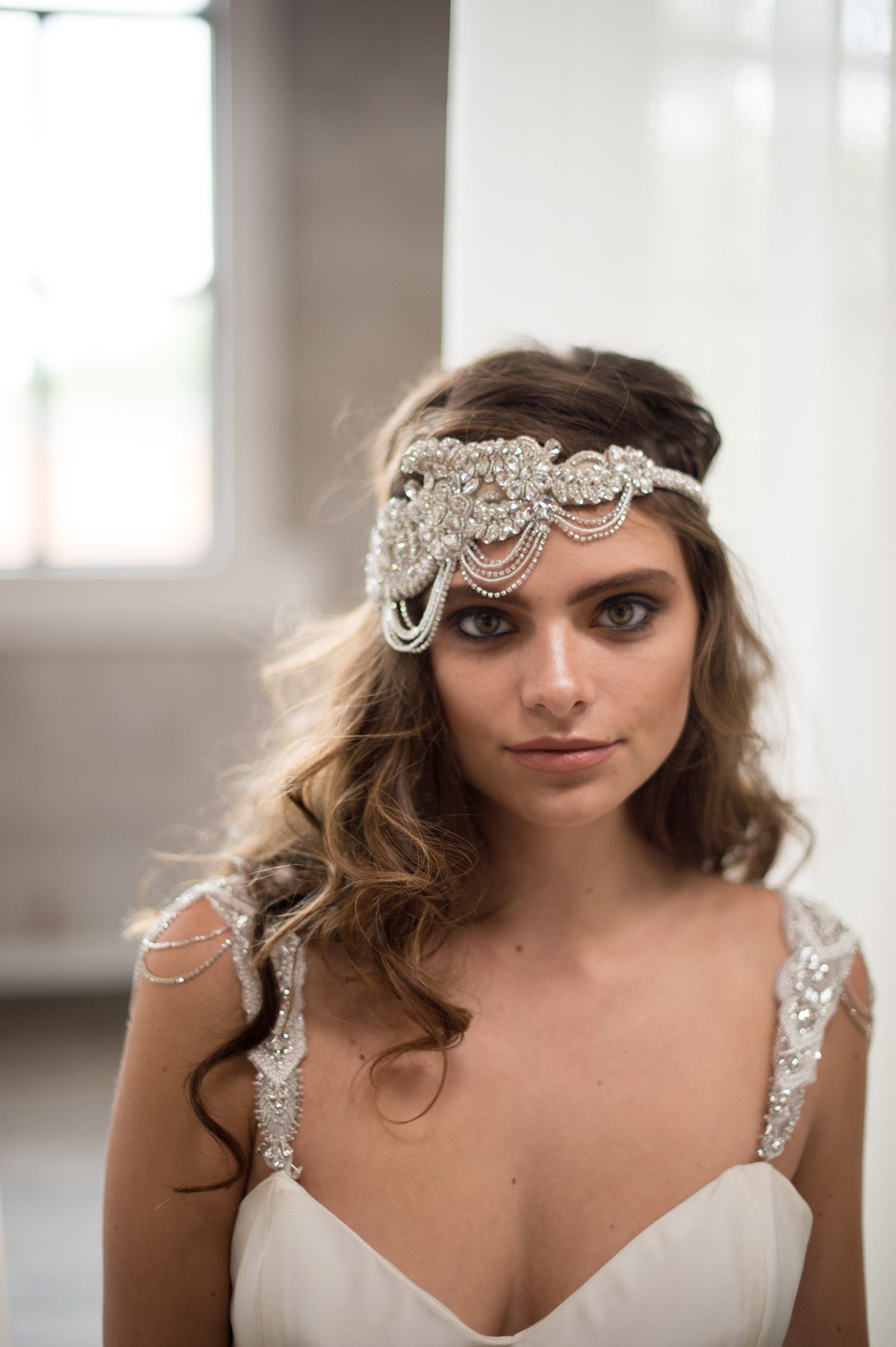 Bridal Accessories and Wedding Jewelry, Camilla Christine, Headpiece, Headdress, Halo, Faith Headpiece, Silver, Great Gatsby Inspired Floral & Vine Design wtih Crystal Chain Swag Headpiece