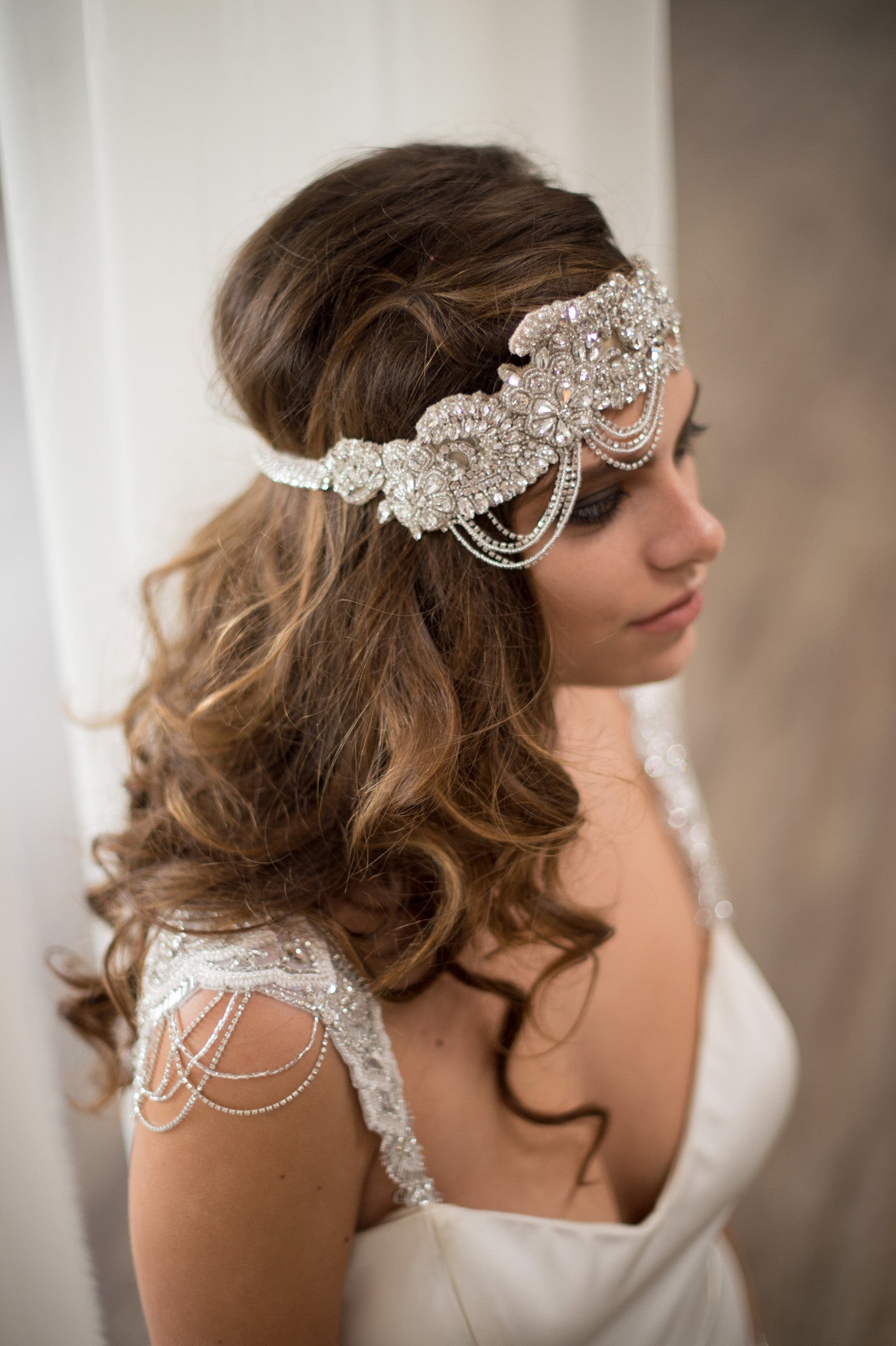 Bridal Accessories and Wedding Jewelry, Camilla Christine, Headpiece, Headdress, Halo, Faith Headpiece, Silver, Great Gatsby Inspired Floral & Vine Design wtih Crystal Chain Swag Headpiece