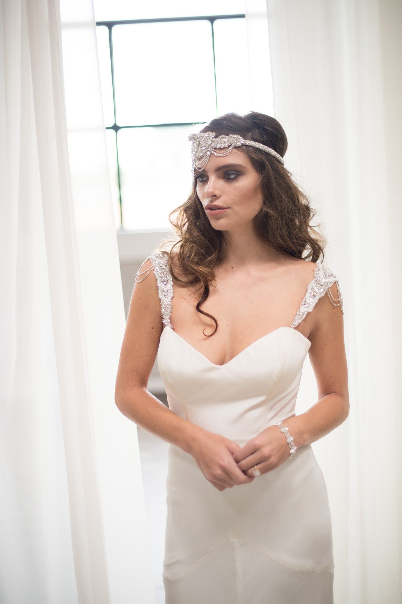 Bridal Accessories and Wedding Jewelry, Camilla Christine, Headpiece, Headdress, Halo, Faith Headpiece, Silver, Great Gatsby Inspired Floral & Vine Design wtih Crystal Chain Swag Headpiece