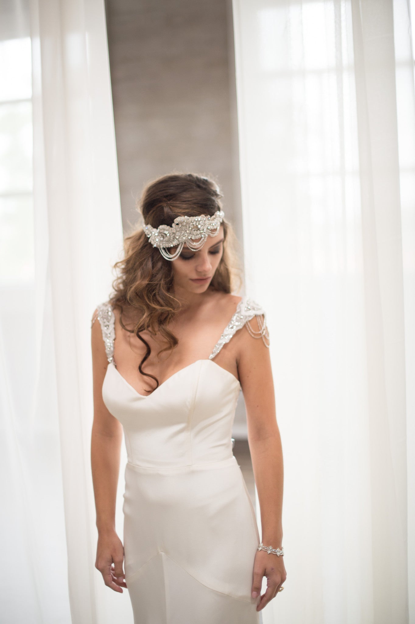 Bridal Accessories and Wedding Jewelry, Camilla Christine, Headpiece, Headdress, Halo, Faith Headpiece, Silver, Great Gatsby Inspired Floral & Vine Design wtih Crystal Chain Swag Headpiece
