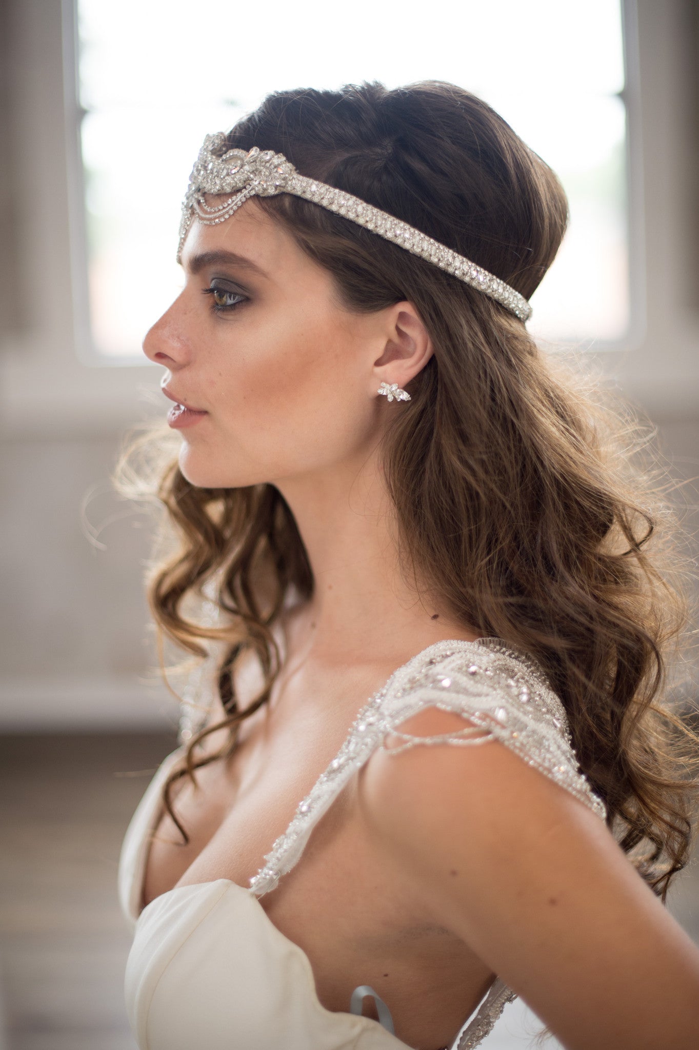 Bridal Accessories and Wedding Jewelry, Camilla Christine, Headpiece, Headdress, Halo, Faith Headpiece, Silver, Great Gatsby Inspired Floral & Vine Design wtih Crystal Chain Swag Headpiece