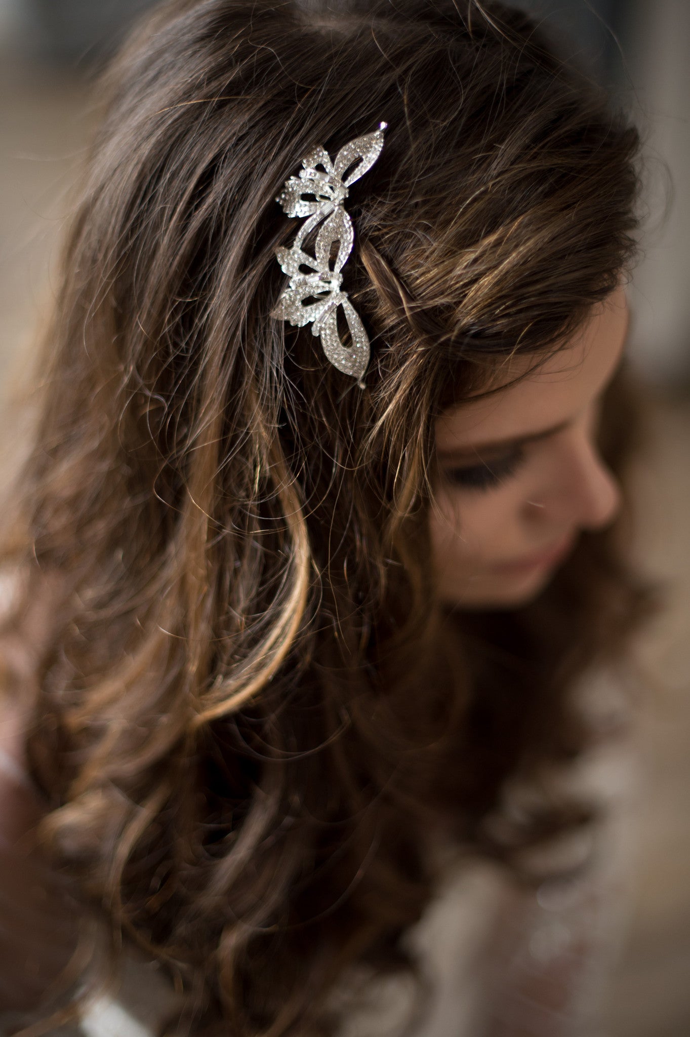 Bridal Accessories and Wedding Jewelry, Camilla Christine, Hair Comb, Headpiece, Iris, Silver, Romantic Orhcid Shaped Pave Crystal Birdal Hair Comb Headpiece
