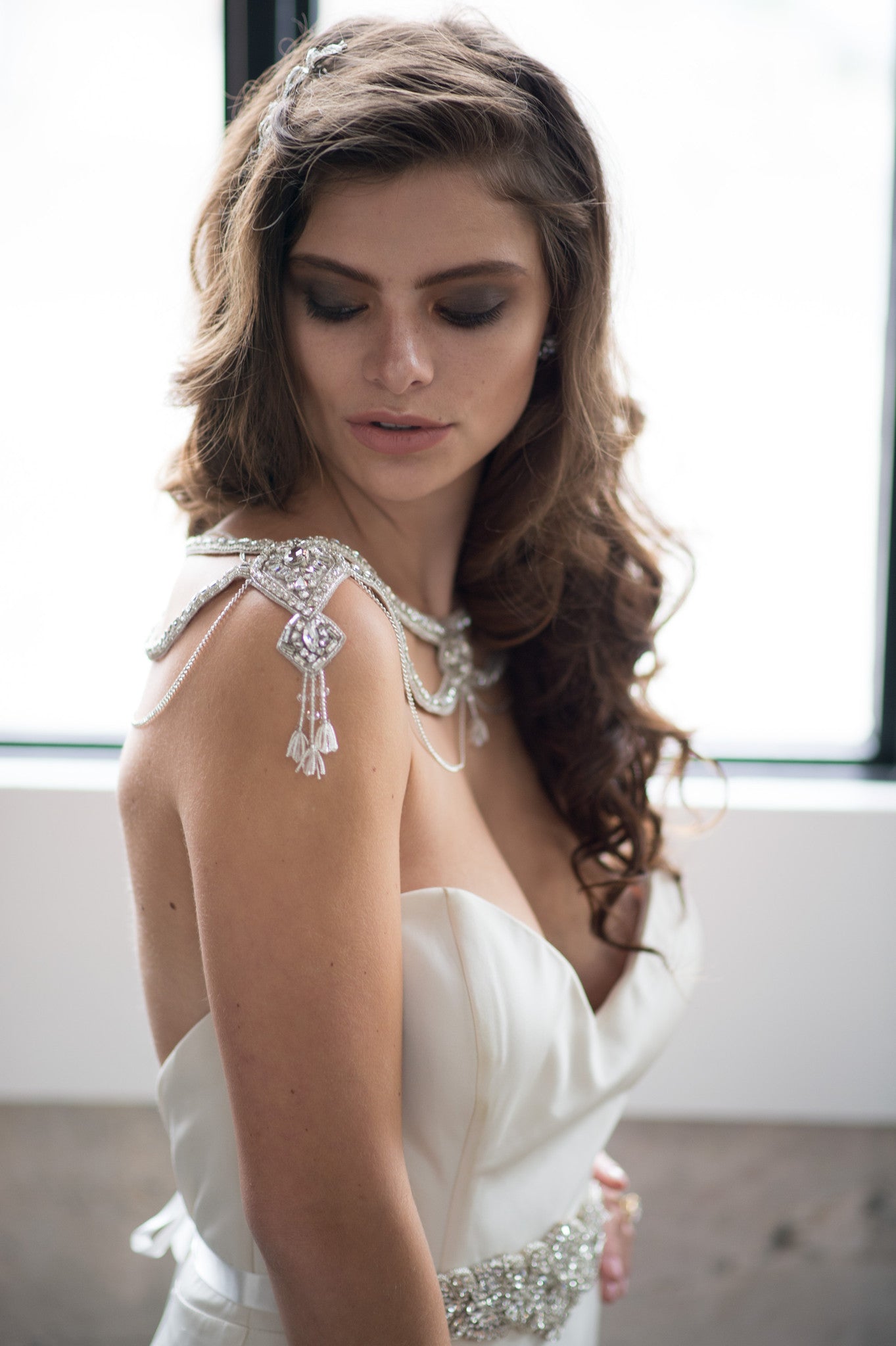 Bridal Accessories and Wedding Jewelry, Camilla Christine, Necklace, Shoulder Necklace, Mitsy, Silver, Glamorous  Crystal & Chain Swag  Statement Bridal Shoulder Necklace with Cutout Detail