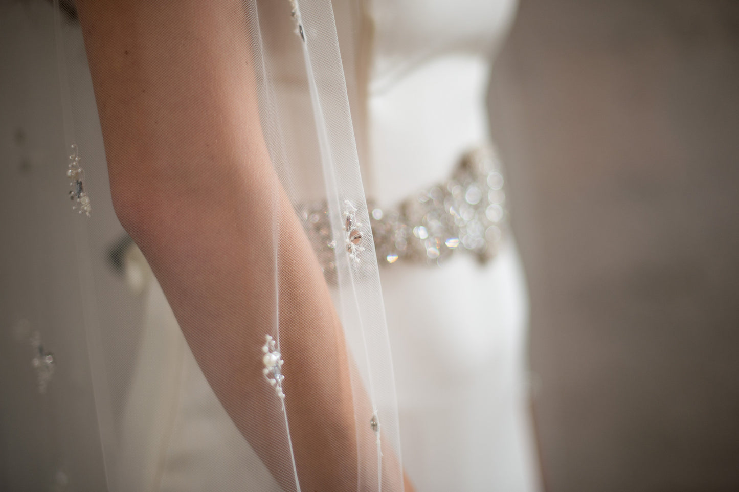 Bridal Accessories and Wedding Jewelry, Camilla Christine, Veil, Celine, Ivory, Cathedral Veil featuring a Cascade of Hand-Beaded Pearl & Crystal Clusters on a Soft Sheer Tulle