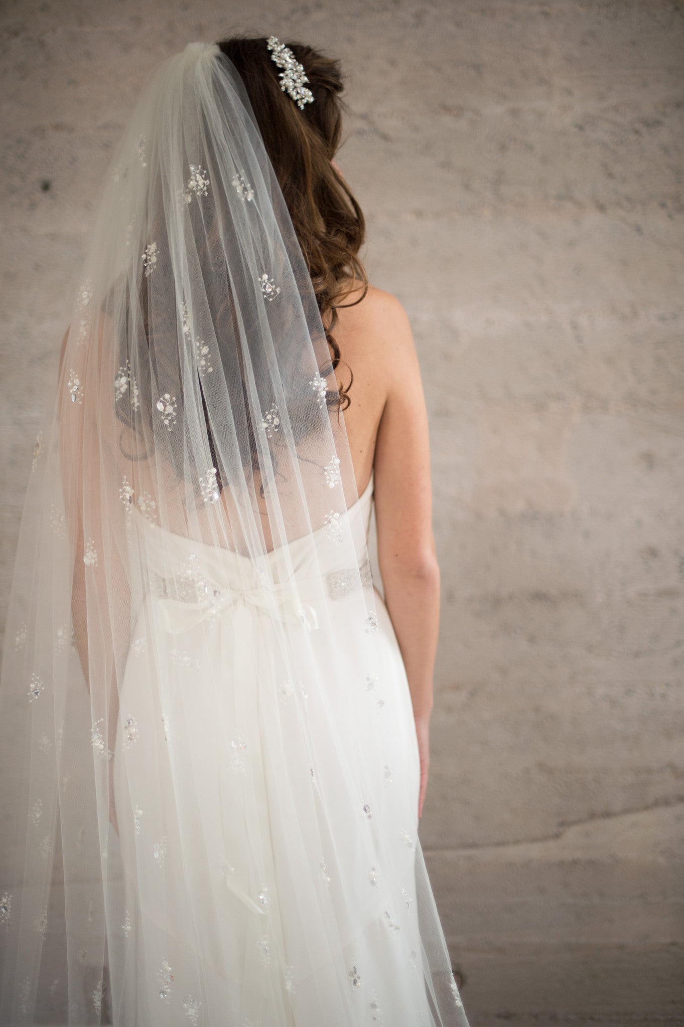 Bridal Accessories and Wedding Jewelry, Camilla Christine, Veil, Celine, Ivory, Cathedral Veil featuring a Cascade of Hand-Beaded Pearl & Crystal Clusters on a Soft Sheer Tulle