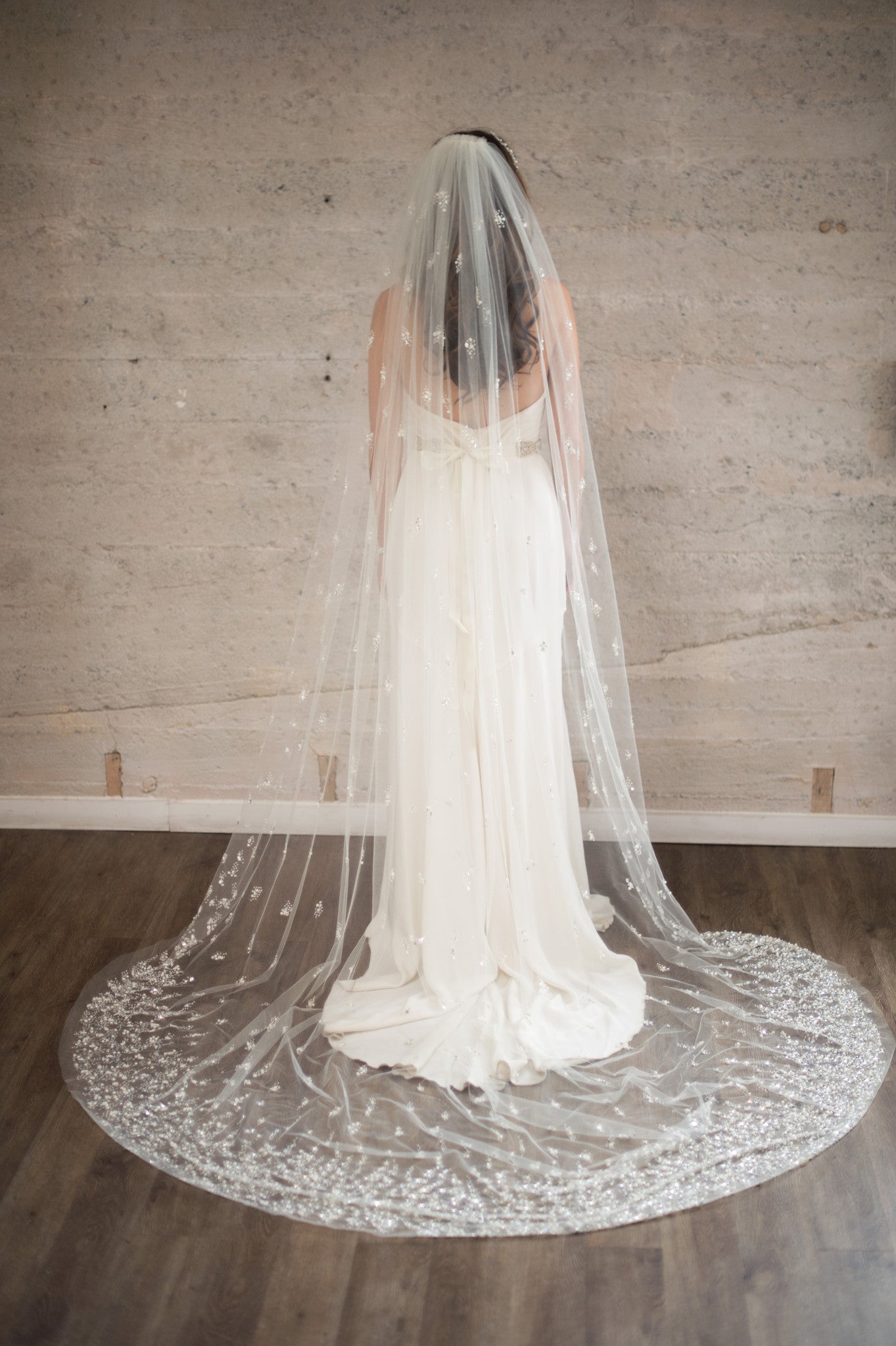Bridal Accessories and Wedding Jewelry, Camilla Christine, Veil, Celine, Ivory, Cathedral Veil featuring a Cascade of Hand-Beaded Pearl & Crystal Clusters on a Soft Sheer Tulle