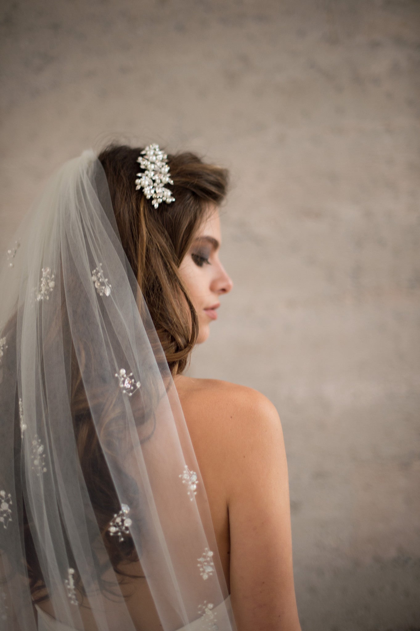 Bridal Accessories and Wedding Jewelry, Camilla Christine, Veil, Celine, Ivory, Cathedral Veil featuring a Cascade of Hand-Beaded Pearl & Crystal Clusters on a Soft Sheer Tulle