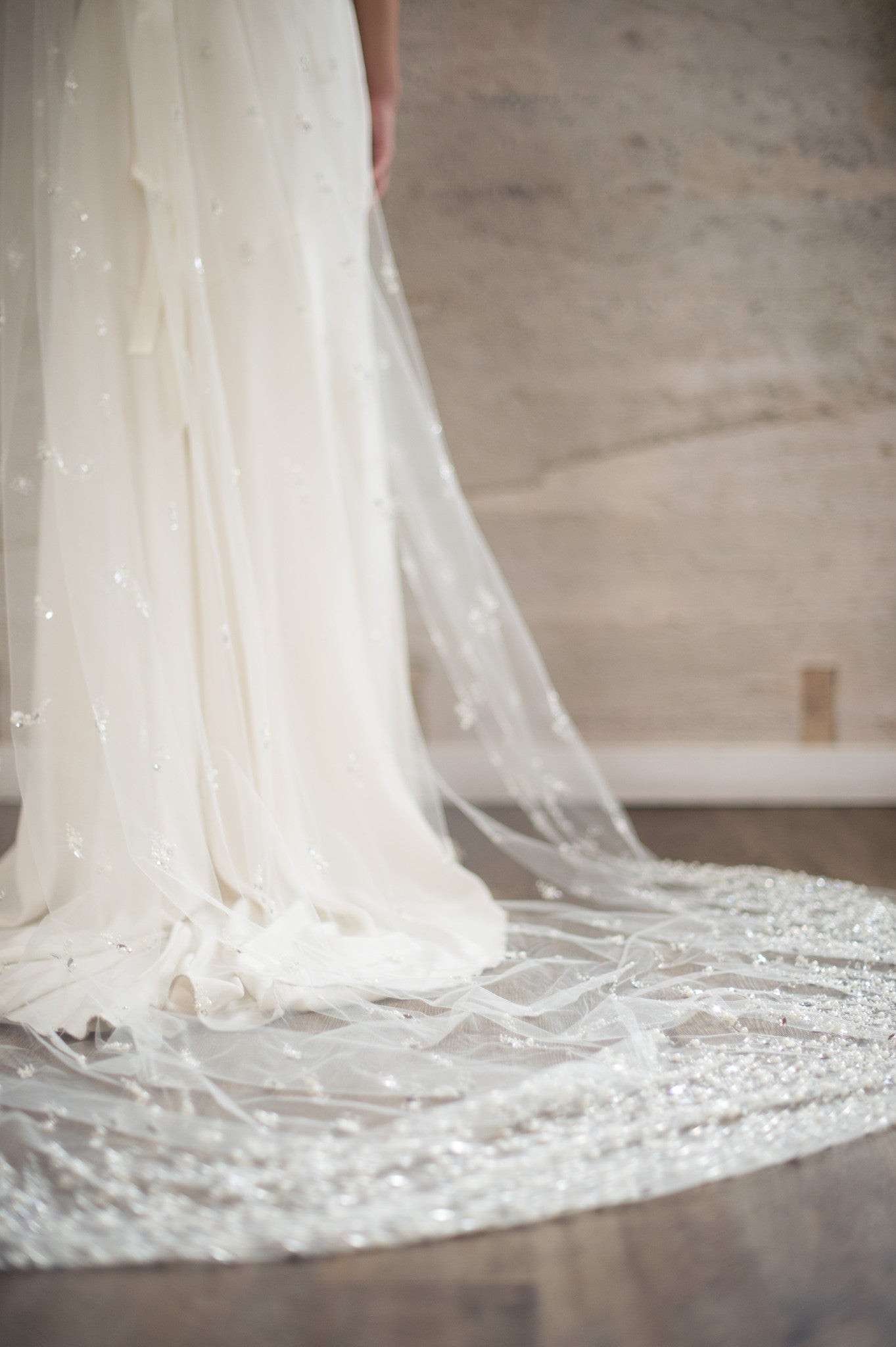 Bridal Accessories and Wedding Jewelry, Camilla Christine, Veil, Celine, Ivory, Cathedral Veil featuring a Cascade of Hand-Beaded Pearl & Crystal Clusters on a Soft Sheer Tulle