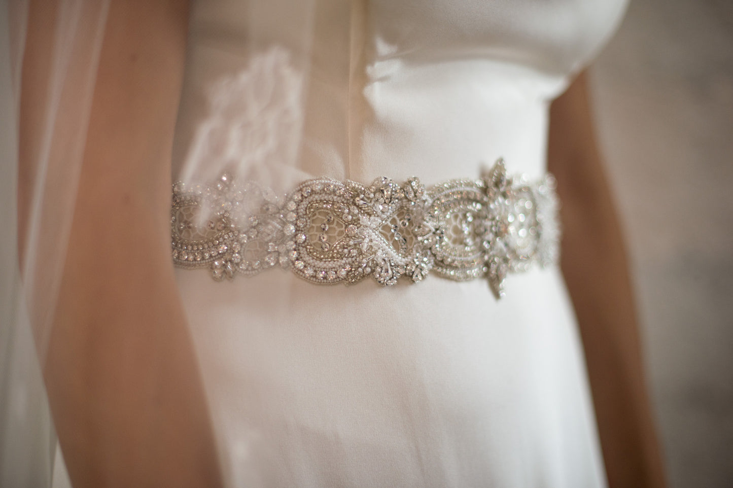 Bridal Accessories and Wedding Jewelry, Camilla Christine, Allure Sash, Applique, Silver Ivory, Crochet Cutout Detail Crystal Beaded Tapered Width Long Sash