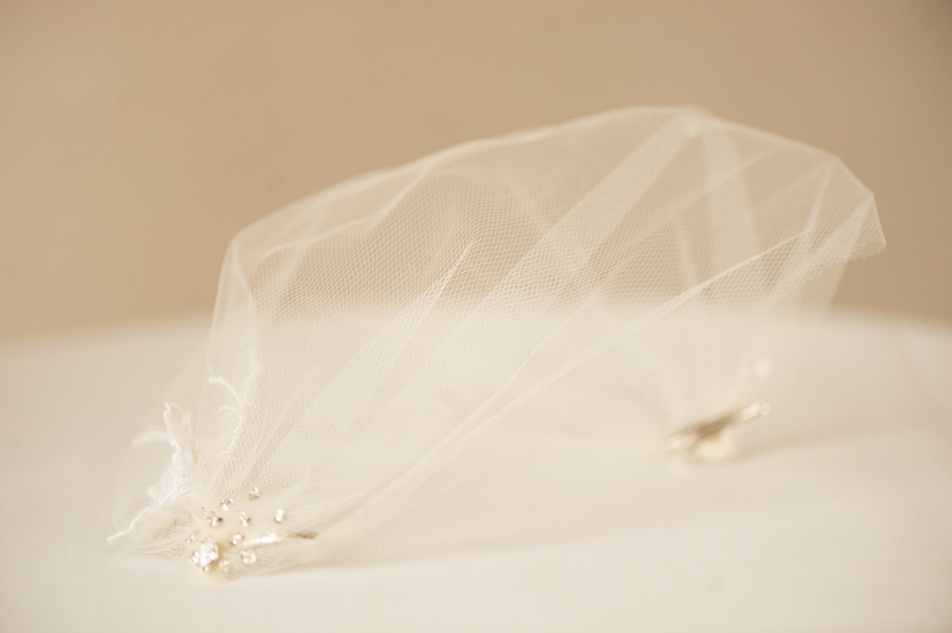 Bridal Accessories and Wedding Jewelry, Camilla Christine, Veil, Willa, Ivory, Handmade Floral Delicate Beaded Soft Tulle Birdcage Blusher Veil