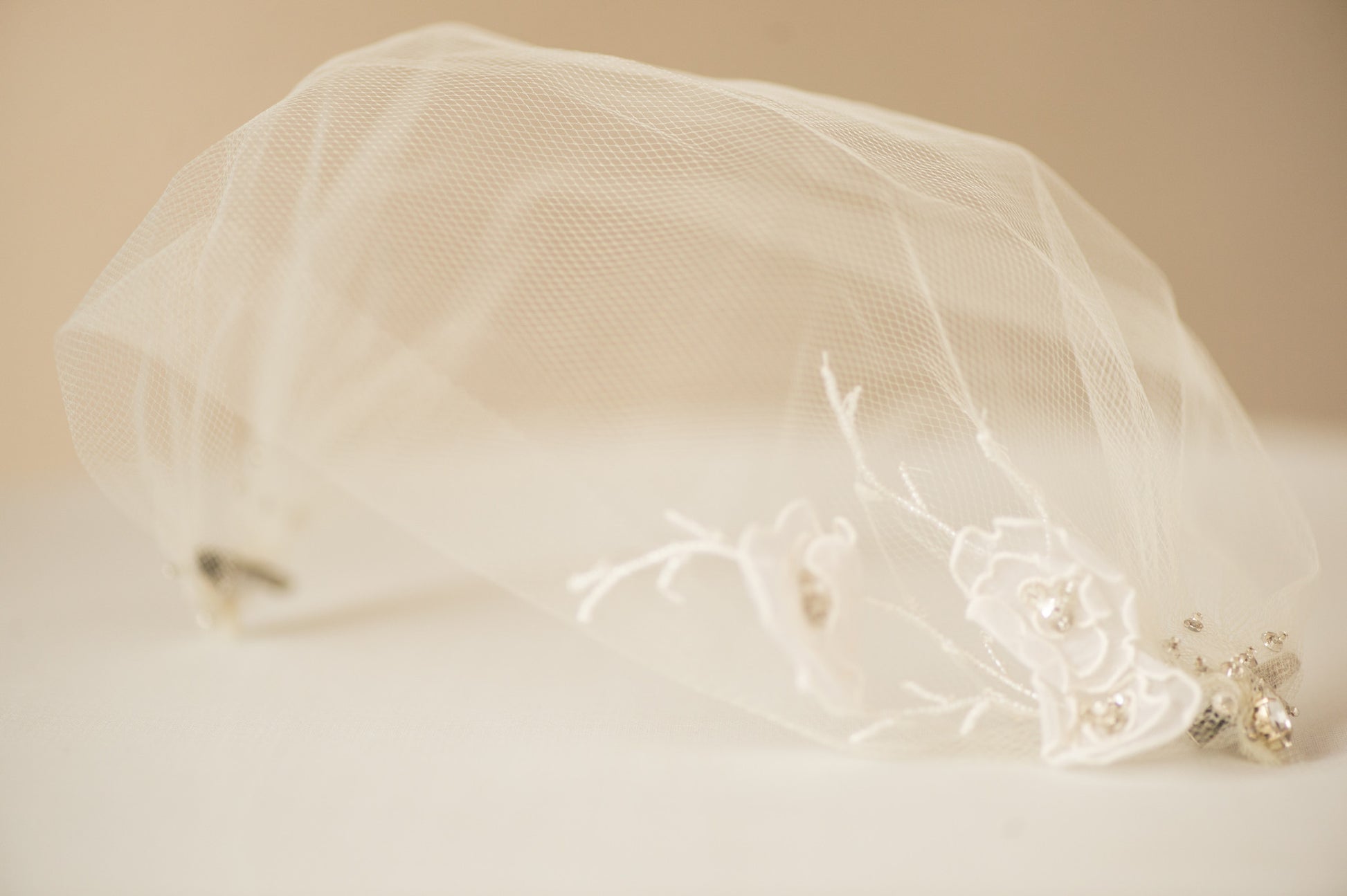 Bridal Accessories and Wedding Jewelry, Camilla Christine, Veil, Willa, Ivory, Handmade Floral Delicate Beaded Soft Tulle Birdcage Blusher Veil