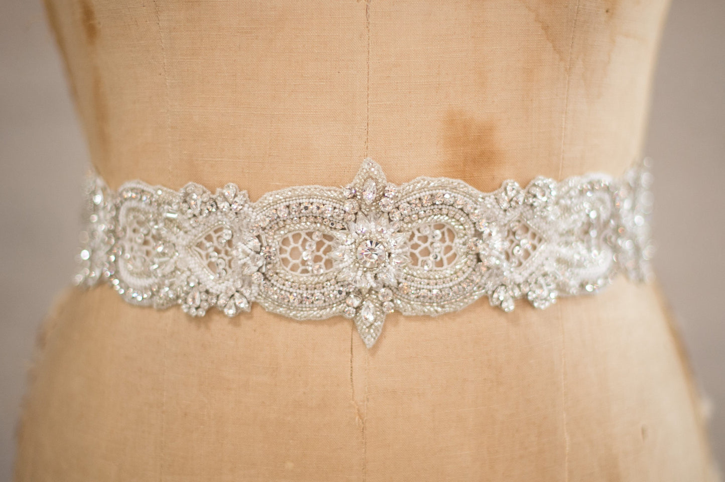 Bridal Accessories and Wedding Jewelry, Camilla Christine, Allure Sash, Applique, Silver Ivory, Crochet Cutout Detail Crystal Beaded Tapered Width Long Sash