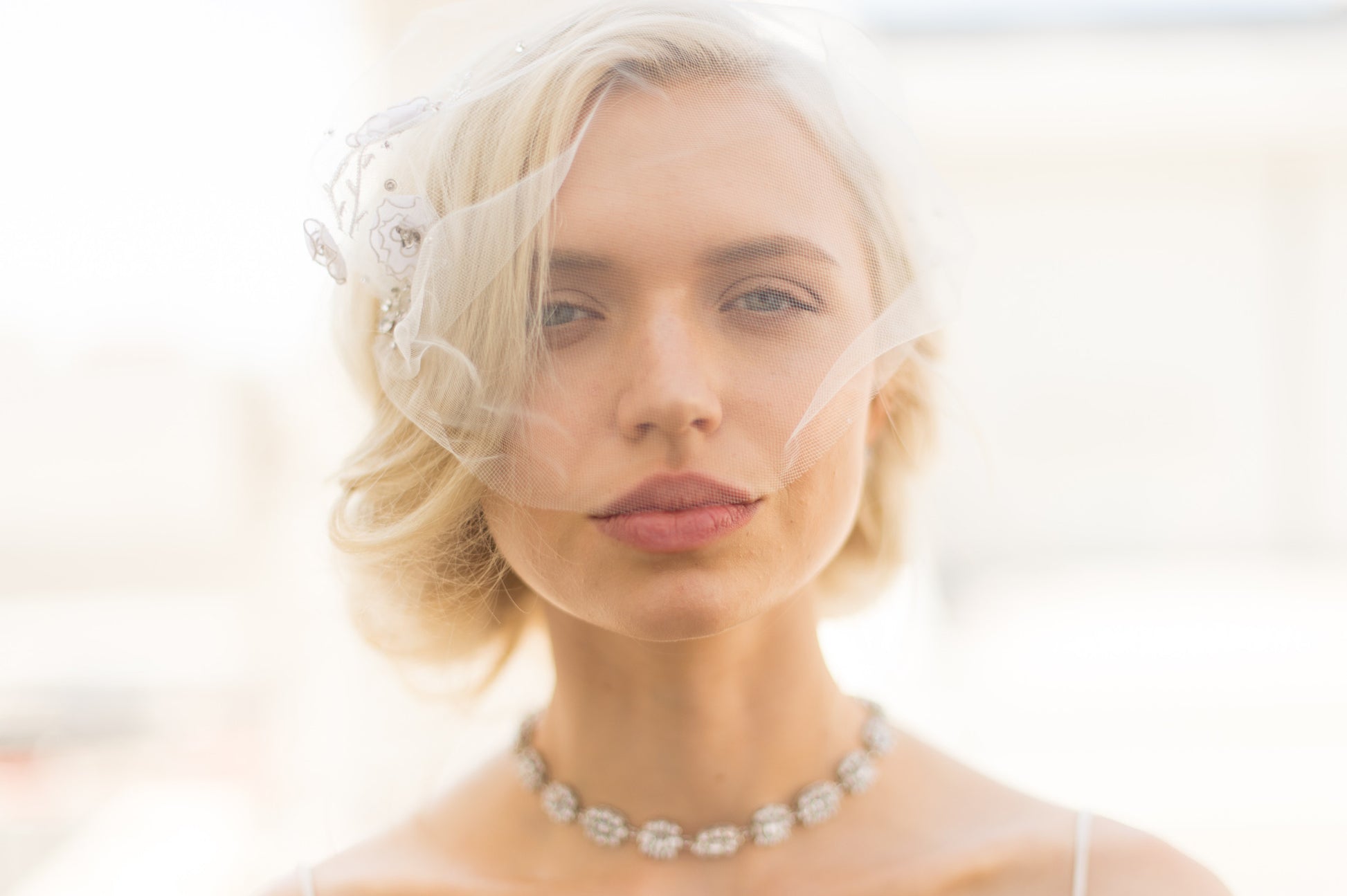 Bridal Accessories and Wedding Jewelry, Camilla Christine, Veil, Willa, Ivory, Handmade Floral Delicate Beaded Soft Tulle Birdcage Blusher Veil