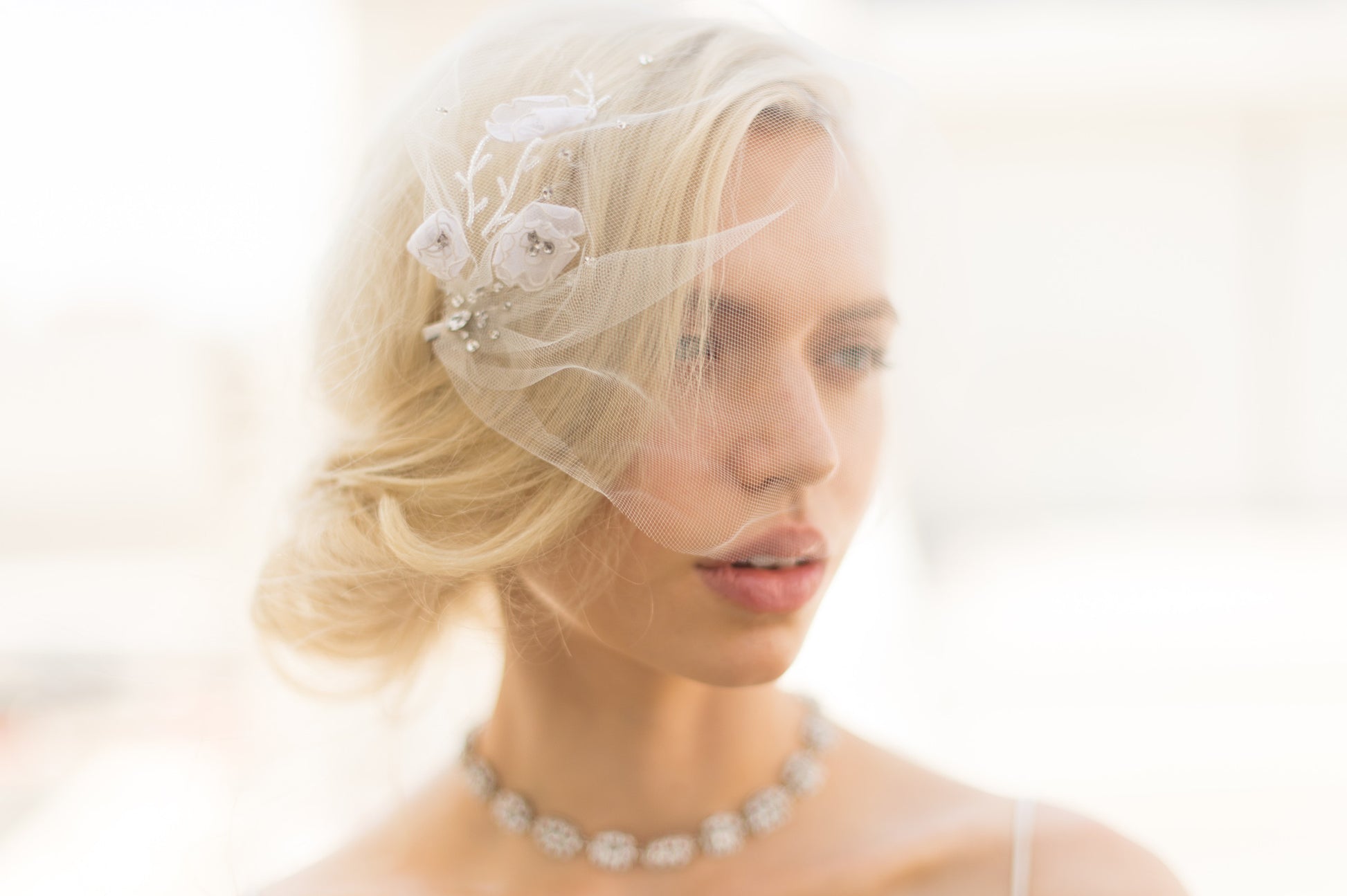 Bridal Accessories and Wedding Jewelry, Camilla Christine, Veil, Willa, Ivory, Handmade Floral Delicate Beaded Soft Tulle Birdcage Blusher Veil