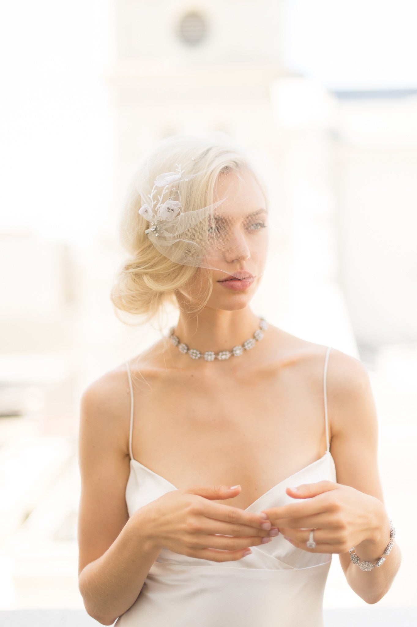 Bridal Accessories and Wedding Jewelry, Camilla Christine, Veil, Willa, Ivory, Handmade Floral Delicate Beaded Soft Tulle Birdcage Blusher Veil