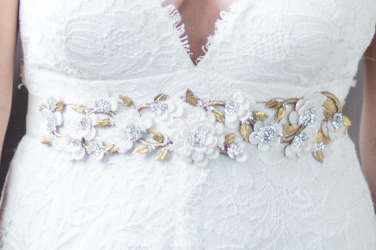 Bridal Accessories and Wedding Jewelry, Camilla Christine, Sash, Applique, Gold, Silver Ivory, Romantic Boho Style Floral, Leaf & Vine Cut-out Bridal Sash