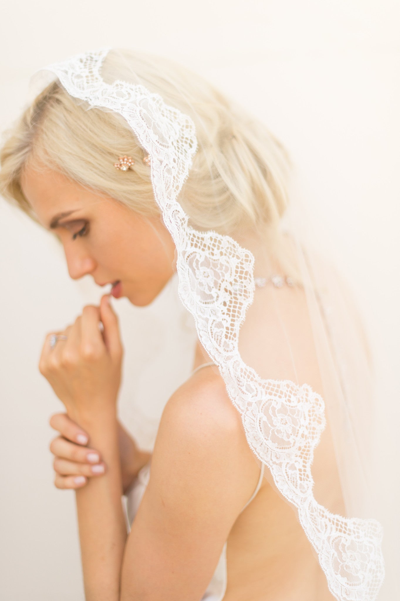 Bridal Accessories and Wedding Jewelry, Camilla Christine, Veil, Giselle, Ivory, Spanish Mantllia Veil with French Chantilly Scallop Lace Trim 