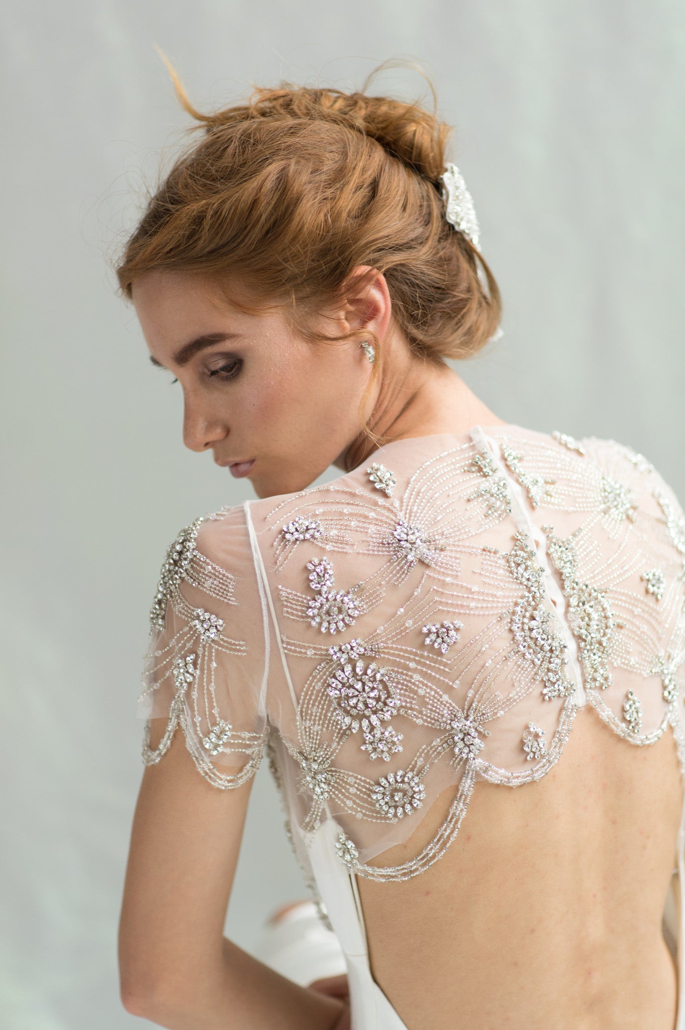 Wedding Dress Topper Beaded Bridal Top Separate Embellished Rhinestone Bolero Art Deco Jacket for Bride Crop Top Short Sleeve Cover Up DAISY by Camilla Christine Bridal Accessories and Wedding Jewelry, Wedding Inspiration Bridal Style