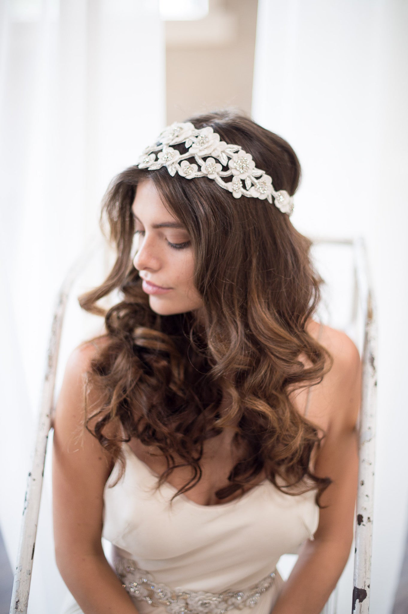 Bridal Accessories and Wedding Jewelry, Camilla Christine, Headpiece, Halo, Headdress, Cora, Silver, Floral, Leaf & Vine Cut-out Wrap Around Halo Headpiece 