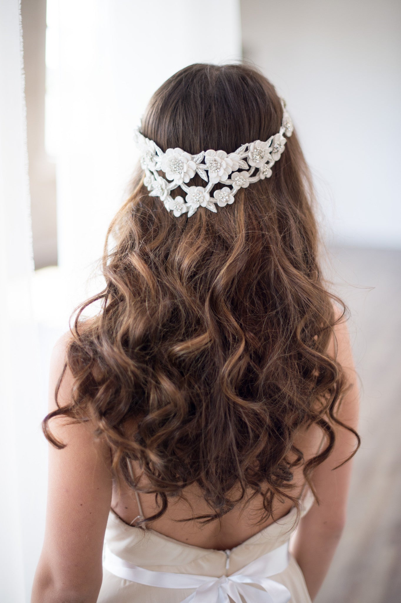 Bridal Accessories and Wedding Jewelry, Camilla Christine, Headpiece, Halo, Headdress, Cora, Silver, Floral, Leaf & Vine Cut-out Wrap Around Halo Headpiece 