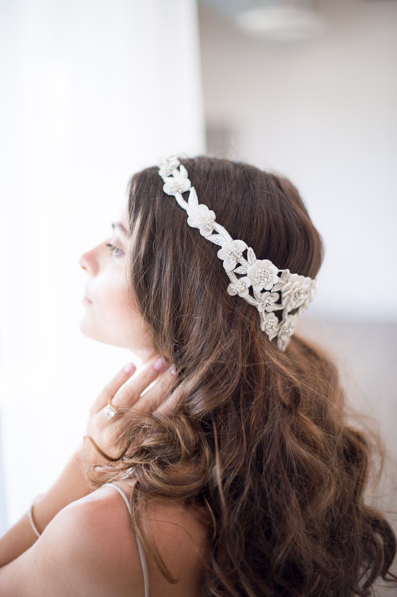 Bridal Accessories and Wedding Jewelry, Camilla Christine, Headpiece, Halo, Headdress, Cora, Silver, Floral, Leaf & Vine Cut-out Wrap Around Halo Headpiece 