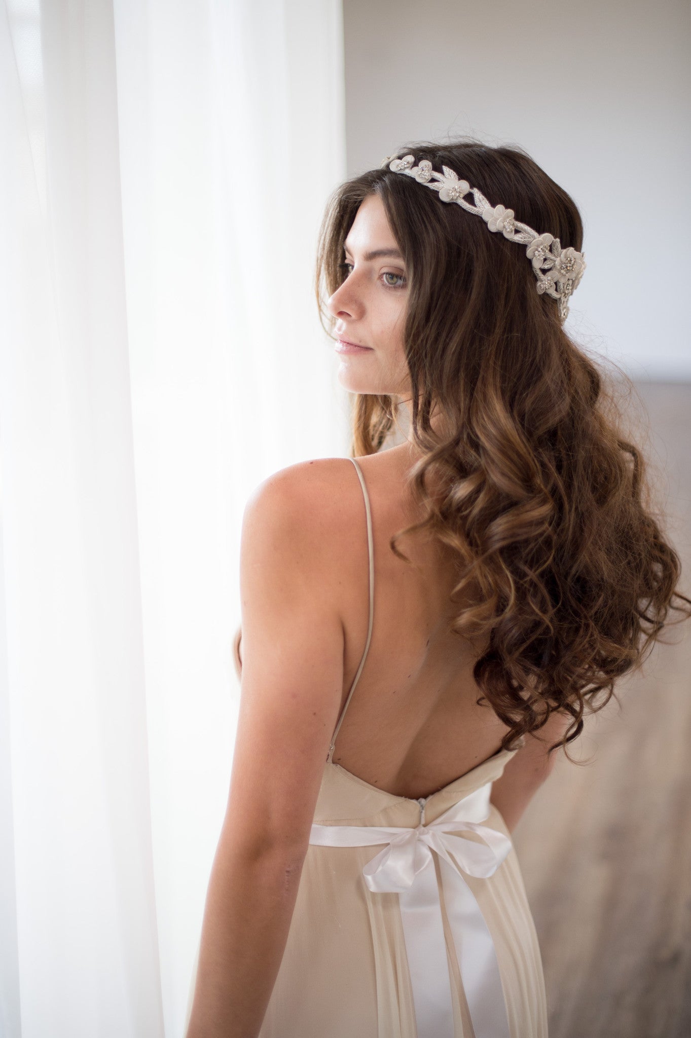 Bridal Accessories and Wedding Jewelry, Camilla Christine, Headpiece, Halo, Headdress, Cora, Silver, Floral, Leaf & Vine Cut-out Wrap Around Halo Headpiece 