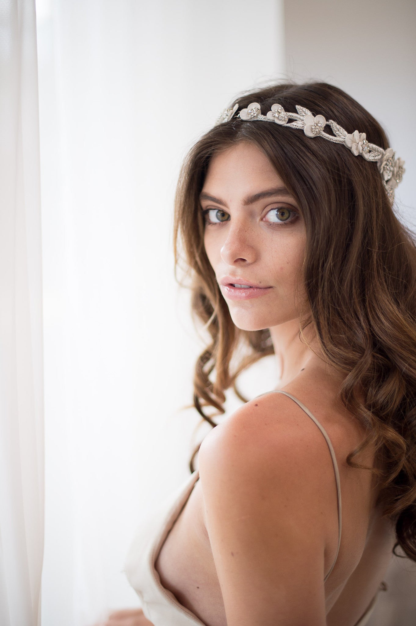 Bridal Accessories and Wedding Jewelry, Camilla Christine, Headpiece, Halo, Headdress, Cora, Silver, Floral, Leaf & Vine Cut-out Wrap Around Halo Headpiece 