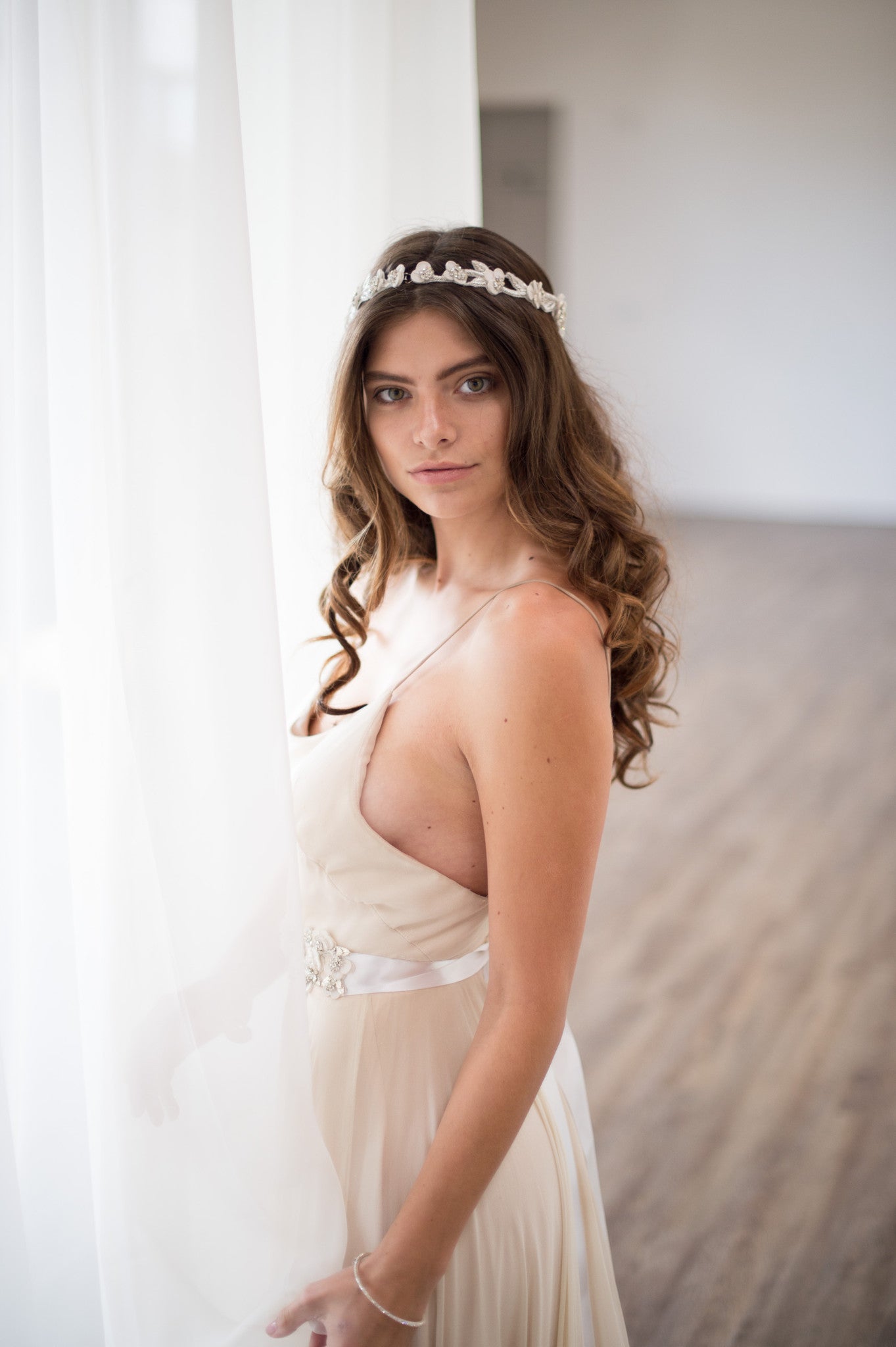 Bridal Accessories and Wedding Jewelry, Camilla Christine, Headpiece, Halo, Headdress, Cora, Silver, Floral, Leaf & Vine Cut-out Wrap Around Halo Headpiece 