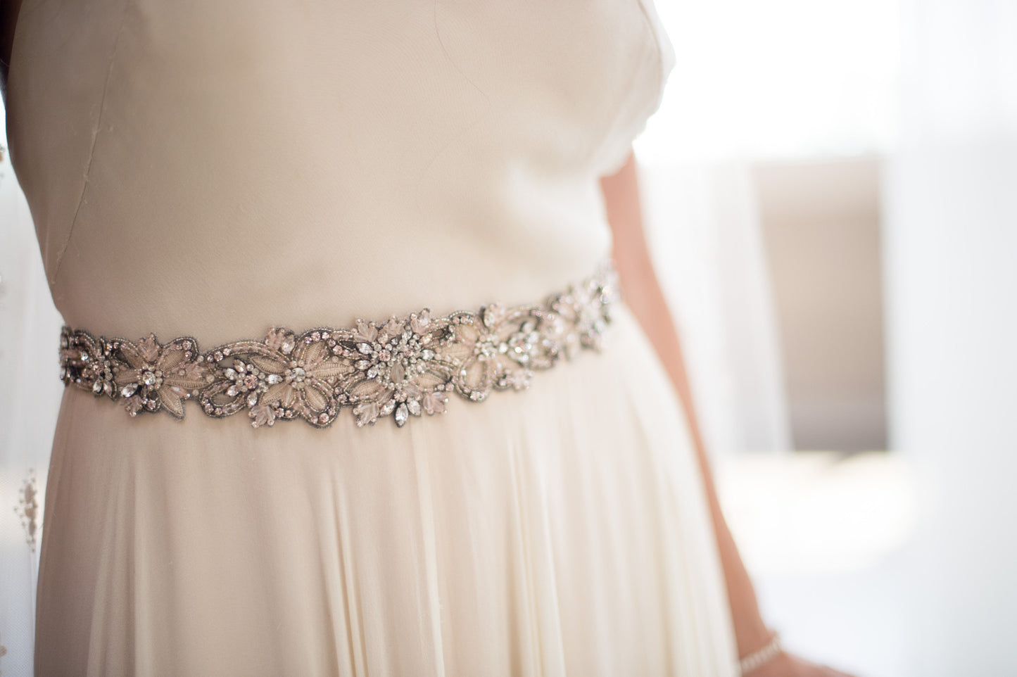 Blush Bridal Sash Floral Wedding Belt Champagne Flower Beaded Trim Vintage Crystal Applique Pink Embroidered Gunmetal Art Deco Belt, JOELLE SASH  for Her, for Bride, for Bridesmaid Gift , for Mother of the Bride, for Wedding Guest or Special Occasion by Camilla Christine Bridal Jewelry and Wedding Accessories. Bridal Style Inspiration Trends for Bride, Wedding Ideas