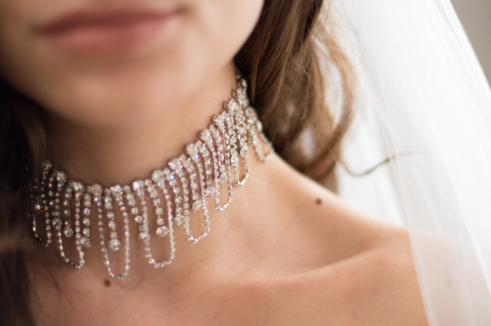 Bridal Accessories and Wedding Jewelry, Camilla Christine, Necklace, Gianna, Silver, Old Hollywood Inspired Design with Crystal Dangle Swag Choker 
